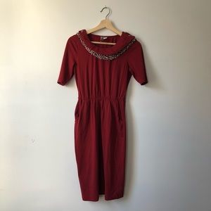 Red, classic silhouette dress